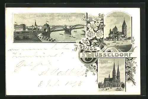 Lithographie Düsseldorf, Neue Rheinbrücke, Neue St. Rochuskirche