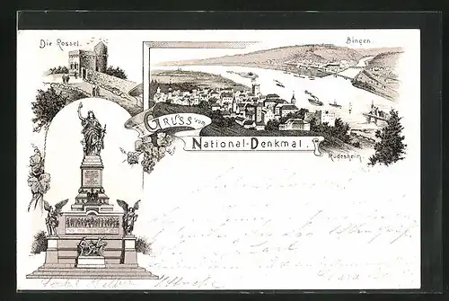 Lithographie Rüdesheim, National Denkmal, Die Rossel