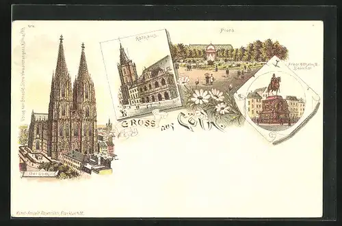 Lithographie Köln, Rathaus, Der Dom, Friedrich Wilhelm III. Denkmal