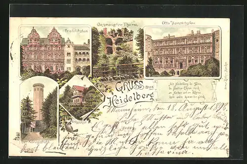 Lithographie Heidelberg, Otto Heinrichsbau, Gesprengter Thurm, Gasthaus Molkenkur