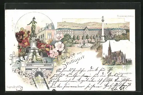 Lithographie Stuttgart, Residenzschloss, Johanneskriche, Eugens-Brunnen