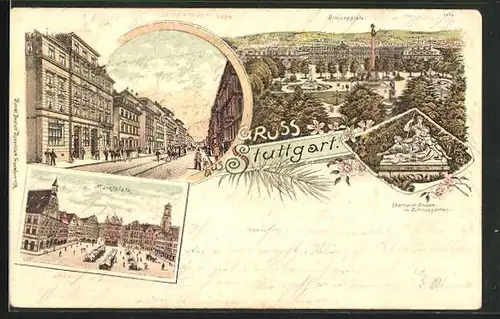 Lithographie Stuttgart, Schlossplatz, Eberhard-Gruppe im Schlossgarten, Marktplatz