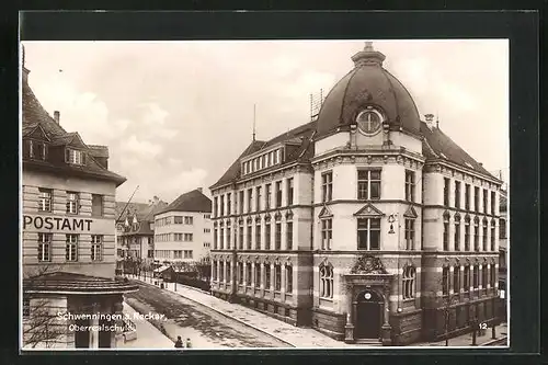 AK Schwenningen a. Neckar, Strassenpartie mit Schuhwarengeschäft, Oberrealschule und Postamt