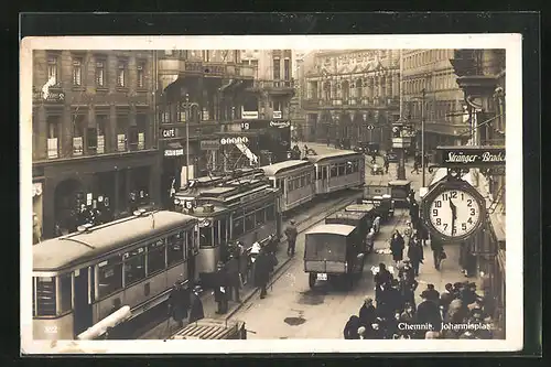 AK Chemnitz, Johannisplatz mit Café und Geschäften, Strassenbahn