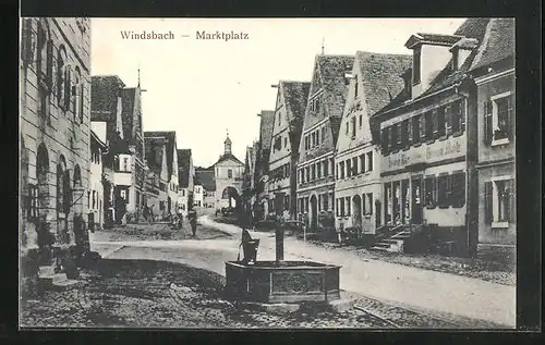 AK Windsbach, Marktplatz mit Geschäft und Brunnen