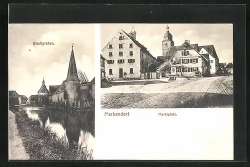 AK Merkendorf, Stadtgraben, Marktplatz mit Denkmal