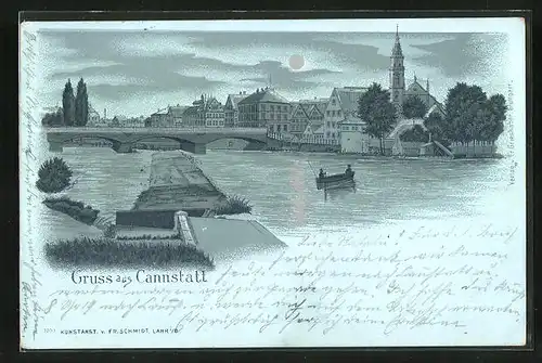 Mondschein-Lithographie Cannstatt, Flusspartie bei Nacht mit Ruderboot