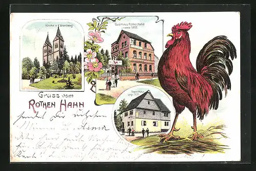 Lithographie Arenberg, Gasthaus Rother Hahn, Stammhaus, Kirche