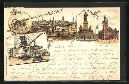 Lithographie Essen /Ruhr, Rathaus, Kriegsschiff mit Kanonen, Krupp-Denkmal