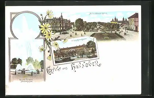 Lithographie Hannover, Grosse Fontaine, Herrenhäuser-Allee