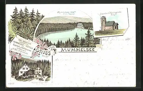 Lithographie Seebach, Gasthof und Pension Wolfsbrunnen, Mummelsee, Signalturm Hornisgrinde