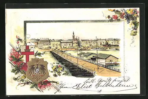 Passepartout-Lithographie Coblenz, Schiffbrücke, Wappen der Stadt