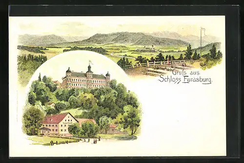 Lithographie Eurasburg, Gasthof und Schloss