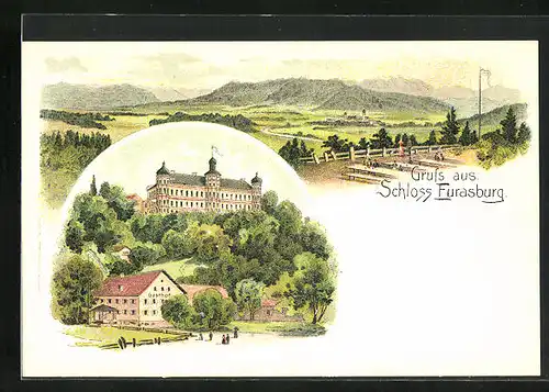 Lithographie Eurasburg, Gasthof und Schloss Eurasberg