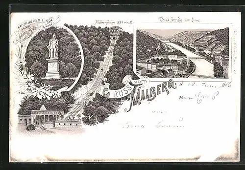 Lithographie Bad Ems, Kaiser-Wilhelm I. Denkmal, Malbergbahn, Totalansicht