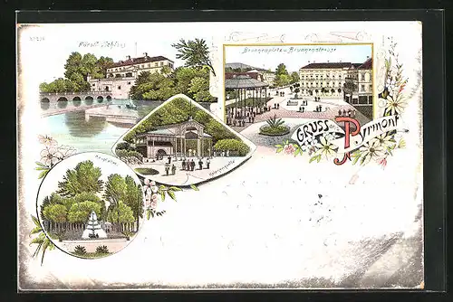 Lithographie Pyrmont, Helenenquelle, Fürstl. Schloss, Hauptallee