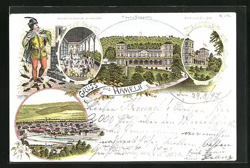 Lithographie Hameln, Hotel Dreyers Berggarten, Veranda, Flusspartie mit Dampfer