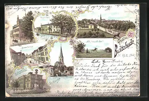 Lithographie Buxtehude, Peper`s Hotel, Breitestrasse, Am Moorthor