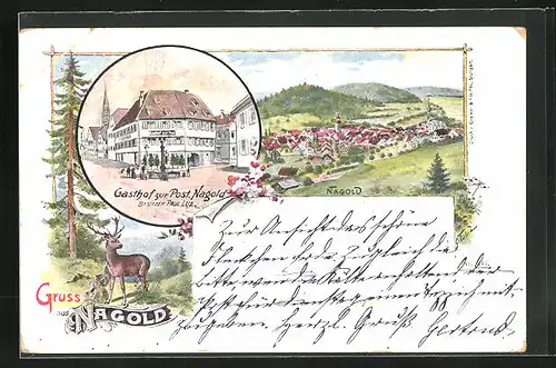 Lithographie Nagold, Gasthof zur Post, Totalansicht