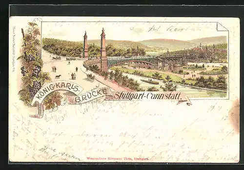 Lithographie Stuttgart-Cannstatt, König-Karls-Brücke