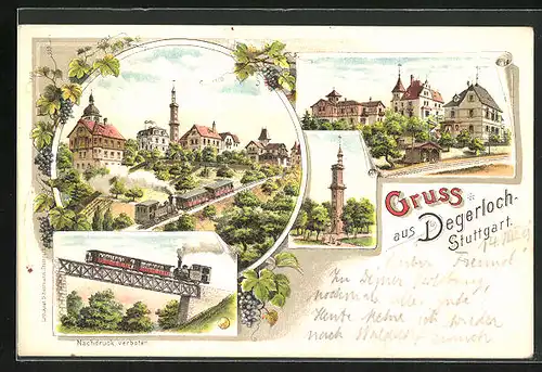 Lithographie Degerloch, Aussichtsturm, Bergbahn