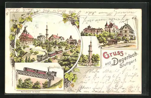 Lithographie Degerloch, Bergbahn, Aussichtsturm