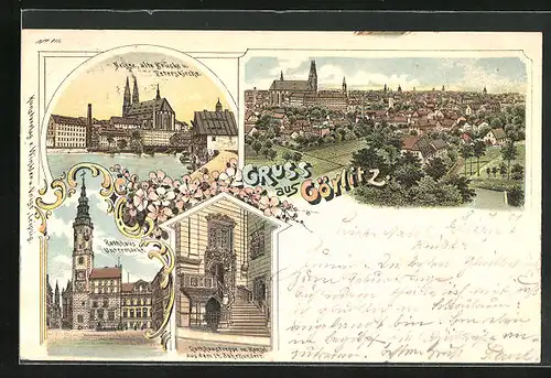 Lithographie Görlitz, Neisse Brücke und Peterskirche, Rathaus am Untermarkt