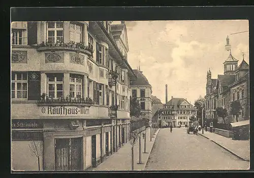 AK Schwenningen, Kaufhaus Merkur, Bahnhofstrasse mit Reichsbank und Postgebäude