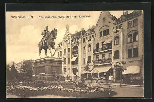 AK Nordhausen, Promenadenstrasse mit Kaiser Friedrich-Denkmal