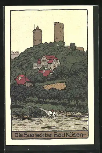 Steindruck-AK Bad Kösen, Ruine der Burg Saaleck