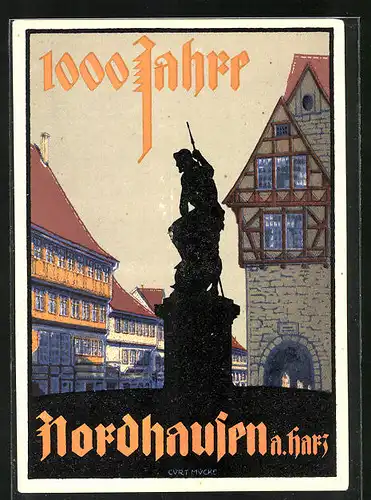 Künstler-AK Nordhausen /Harz, 1000 Jahrfeier der Stadt 1927, Alte Häuser, Festpostkarte