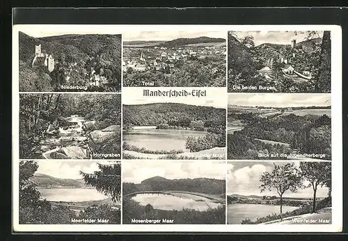 AK Manderscheid / Eifel, Totalansicht mit Niederburg, Horngraben und Maare