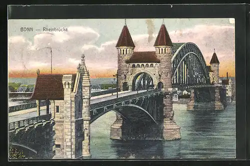 AK Bonn, Rheinbrücke bei Dämmerung