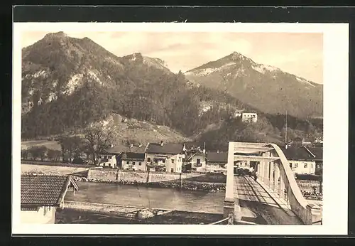 AK Marquartstein, Brücke mit Flusspartie und Ortsansicht
