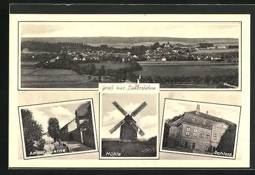 AK Lodersleben, Schloss, Windmühle, Strassenpartie am Bach