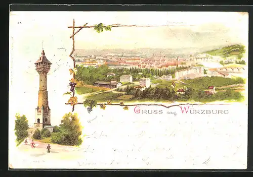 Lithographie Würzburg, Franken Warte, Panorama der Stadt