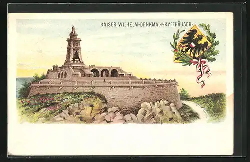 Lithographie Kyffhäuser, Kaiser Wilhelm-Denkmal, Wappen