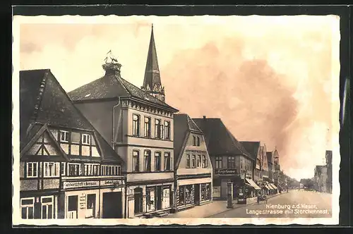 AK Nienburg /Weser, Langestrasse mit Storchennest