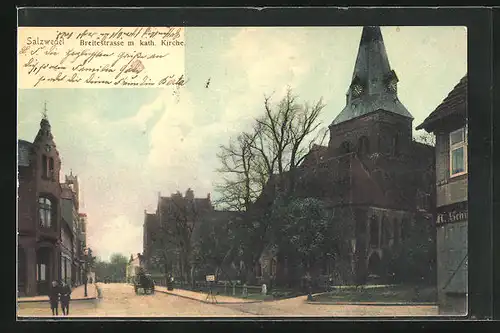 AK Salzwedel, Breitestrasse m. kath. Kirche