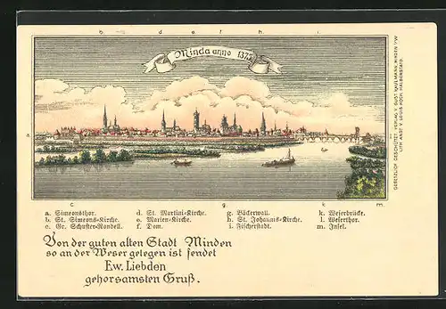 Lithographie Minden, Teilansicht mit Simeonstor, St. Simeons-Kirche und Dom