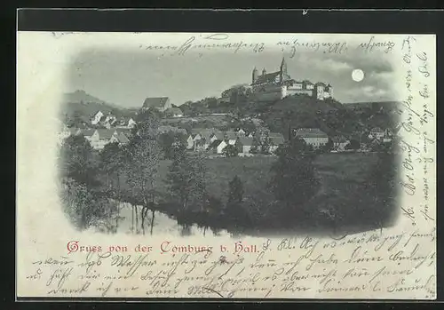 Mondschein-AK Comburg b. Hall, Teilansicht mit Burg