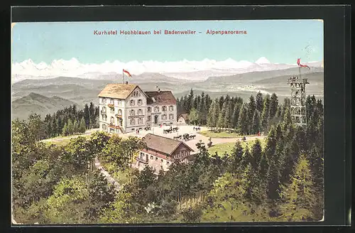 AK Hochblauen bei Badenweiler, Kurhotel mit Aussichtsturm, Alpenpanorama