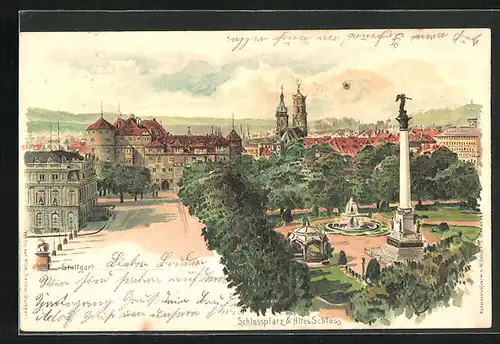 Lithographie Stuttgart, Schlossplatz & Altes Schloss mit Denkmal