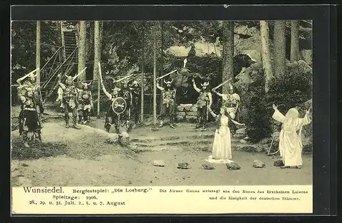 AK Wunsiedel, Bergfestspiel: Die Losburg 1906, Die Alrune Ganna weissagt aus den Runen das Erscheinen Luisens...