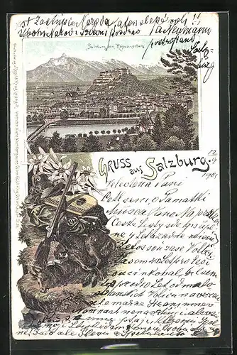 Lithographie Salzburg, Panorama vom Kapuzinerberg aus