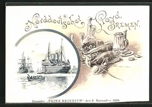 Lithographie Dampfer Prinz Heinrich 1899, Nordd. Lloyd Bremen, Hummer