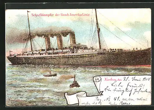 Lithographie Schnelldampfer der Hamburg-Amerika Linie, Passagierschiff