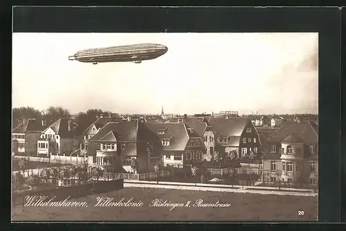 AK Rüstringen, Zeppelin über Rosenstrasse in Villenkolonie