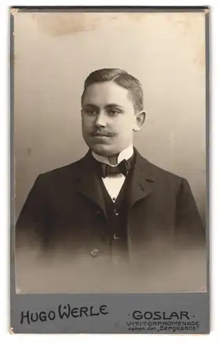 Fotografie Hugo Werle, Goslar, Vititorpromenade, Portrait junger charmanter Mann mit Oberlippenbart im Jackett