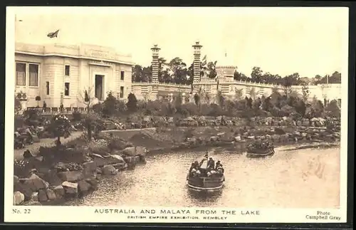 AK Wembley, British Empire Exhibition, Australia and Malaysia from the Lake, Ausstellung